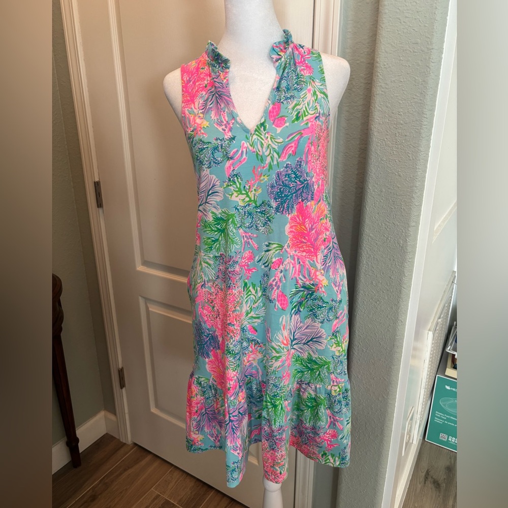 Lilly Pulitzer Pink and Blue Ruffled Sundress with pockets Size XS